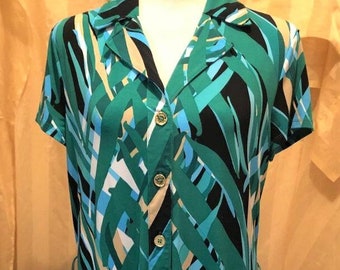 Dana Buchman Midi Dress ~ 1980's ~ Multicolored ~ Signed Button Front ~  Short Sleeves ~ Notched Collar ~ Size Medium