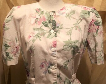 1980's Floral Peplum Suit Dress ~ Belted Back ~ Short Sleeves ~ Button Front ~ Elastic Waist ~ 2 Piece Midi ~ Stuart Alan Petites ~ Size 12