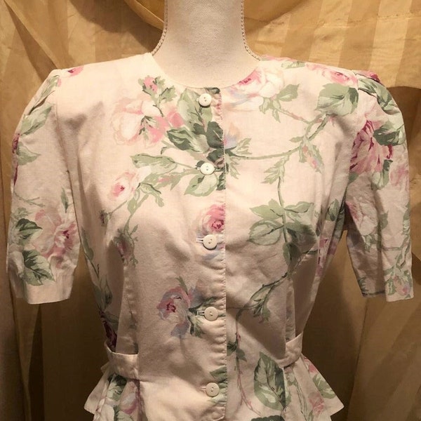 1980's Floral Peplum Suit Dress ~ Belted Back ~ Short Sleeves ~ Button Front ~ Elastic Waist ~ 2 Piece Midi ~ Stuart Alan Petites ~ Size 12