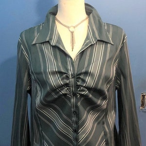 90s Cato Blouse ~  Forest Green ~ Striped Metallic ~ Button Front ~ Collared ~ Polyester Blend ~ Long Sleeve ~ Top ~ Shirt ~ X Large