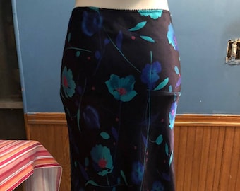 Black Floral Maxi Skirt ~ 1980s Pencil Skirt ~ By Christie Brooks ~ Size 12 ~ Elastic Waist