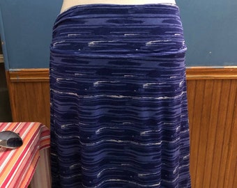 1980's Midi Skirt ~ Royal Blue ~ Horizontal Thin Stripes ~ Double Layer ~ Fold Over Waist ~ Cinched ~ Size Medium