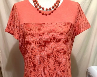 Calvin Klein Top ~ Orange Peach ~ Mesh Overlay ~ Double Layered ~ Y2K ~ Short Sleeves ~ Size Medium ~ Great Condition