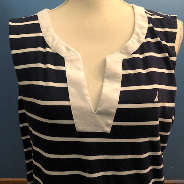 Navy White Striped Polo Dress  ~ Sleeveless ~ Size XXL ~ V-Neck ~ Stretch Cotton