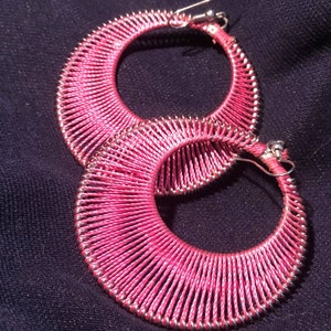 Handwoven Silk Thread Peruvian Magenta Pink Boho Style Hoop Earrings