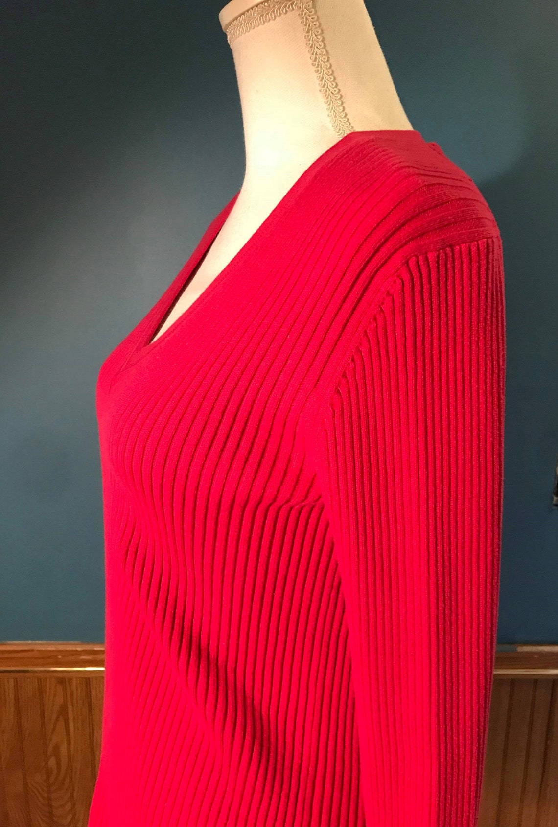 Vintage Raspberry Red Long Sleeve V Neck Sweater Size Large by | Etsy
