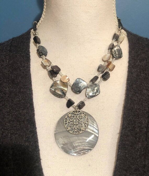 Jewelry Set ~ Two Strand River Shell Medallion Necklace ~ Marble Cross Choker ~ Onyx Drop Earrings