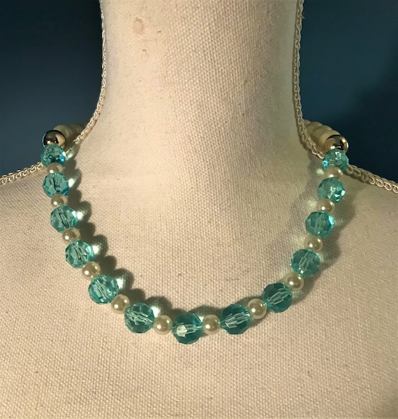 Handmade Faux Pearl and Blue Crystal Necklace
