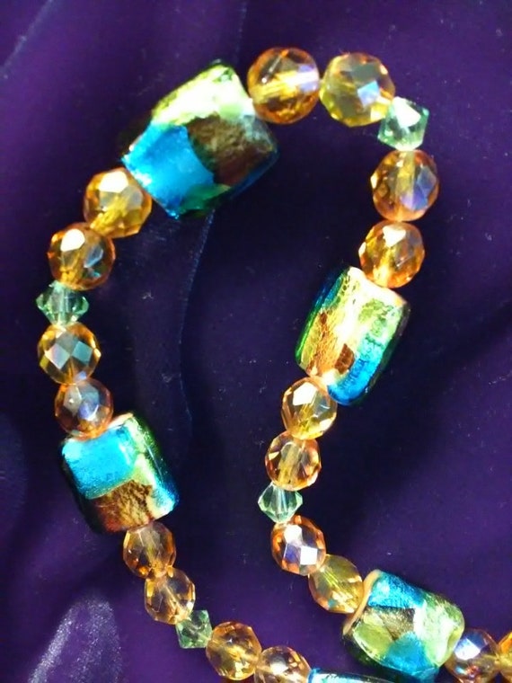 Handmade Beaded Necklace ~Blue Gold Dichroic Fuse… - image 4