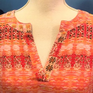High Low Sheer Tunic Top ~ Long Adjustable Sleeves ~ Orange Brown Pink Print ~ Size M