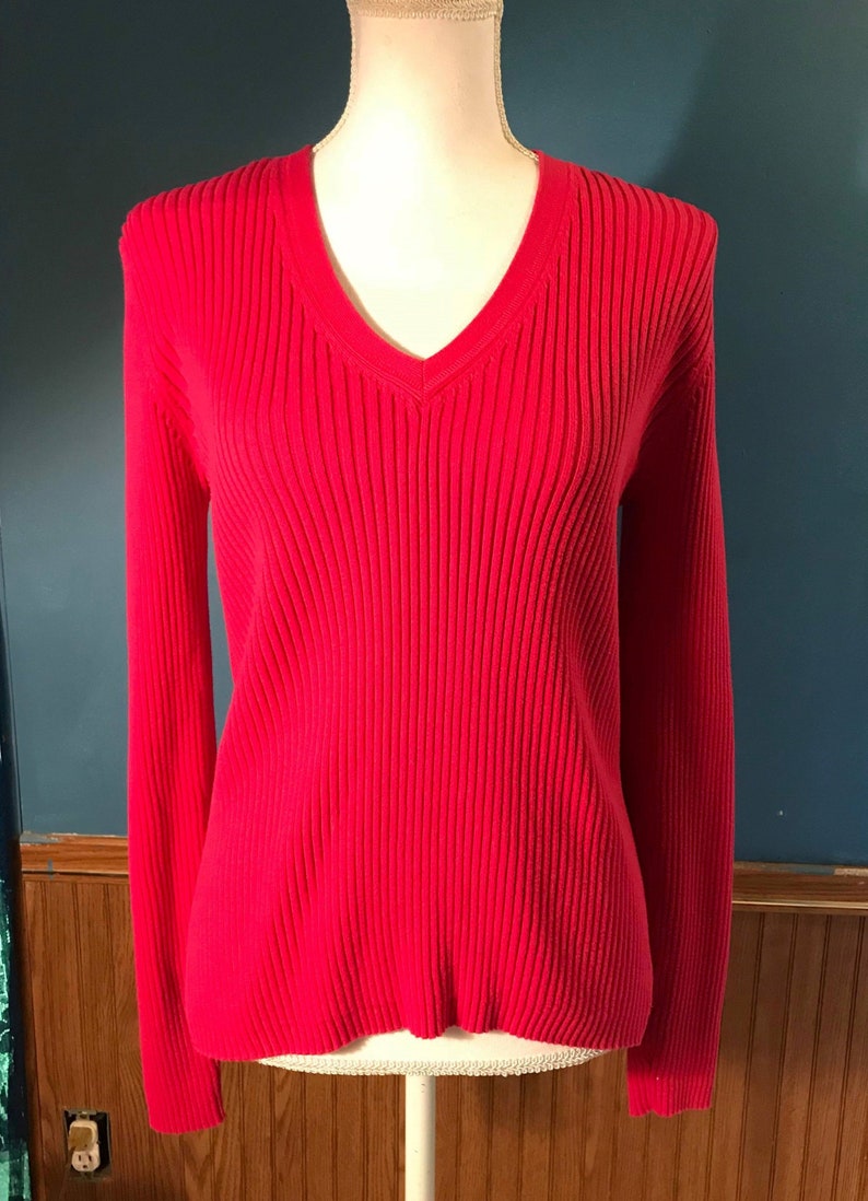 Vintage Raspberry Red Long Sleeve V Neck Sweater Size Large by | Etsy