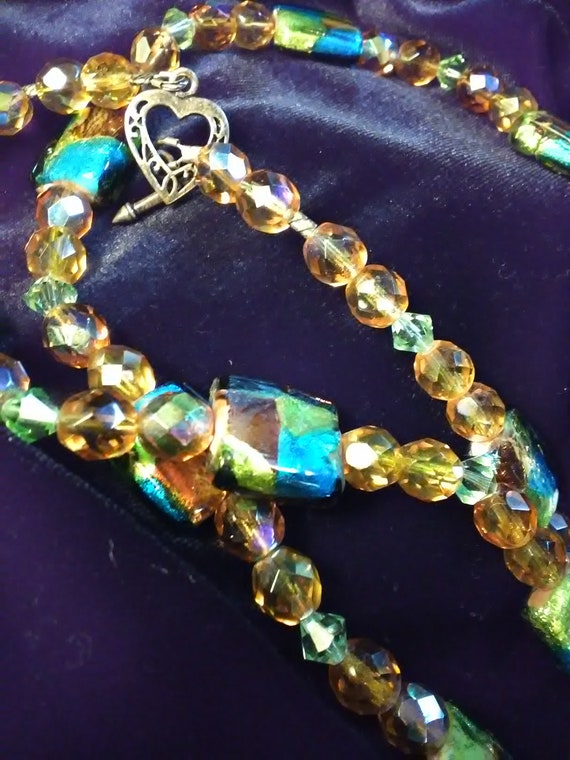 Handmade Beaded Necklace ~Blue Gold Dichroic Fuse… - image 3
