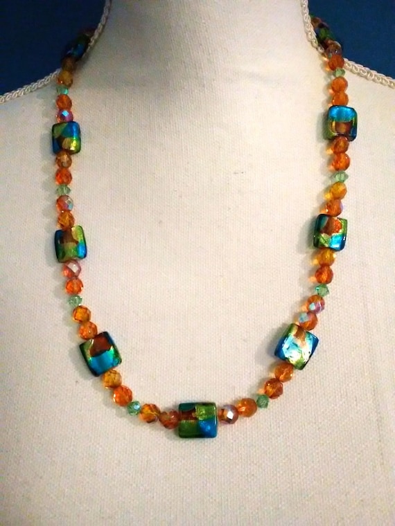 Handmade Beaded Necklace ~Blue Gold Dichroic Fuse… - image 1
