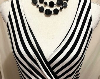 Black White Striped Dress ~ Very Low Cut ~ Sleeveless ~ Midi ~ Julian Taylor New York ~ Size 10 ~ Elastic Waist ~ Side Bow