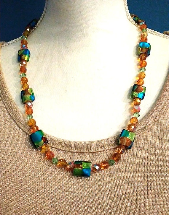 Handmade Beaded Necklace ~Blue Gold Dichroic Fuse… - image 2