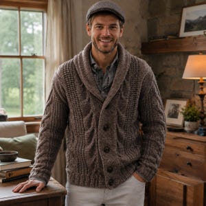May include: A brown cable-knit cardigan with a shawl collar and four dark buttons, worn over a grey button-down shirt. The sweater features vertical textured panels and ribbed cuffs. A matching brown flat cap is worn on the head.