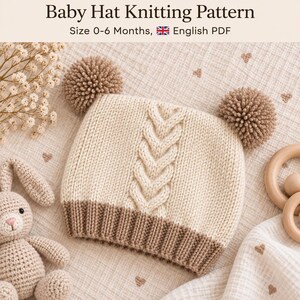 May include: A cream-colored baby hat knitting pattern for sizes 0-6 months in English PDF format. The hat features a central vertical cable knit design, a ribbed brown brim, and two fluffy brown pom-poms attached to the top corners.