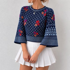 Modello per maglione Fair Isle / Modello PDF per maglione da donna con lavorazione a colori / Modello per pullover a maglia / Maglione con ricamo floreale