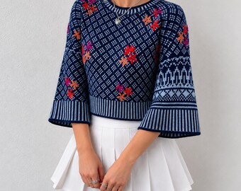 Fair Isle Pullover Strickmuster | Frauen Colorwork Pullover Schnittmuster PDF | Strickmuster Pullover | Pullover mit Blumenstickerei