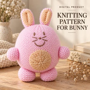 May include: A round, pink knitted bunny toy with tan inner ears and a tan belly patch. The face features brown embroidered eyes, a nose, and a mouth with whiskers. The text reads: DIGITAL PRODUCT KNITTING PATTERN FOR BUNNY.