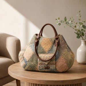 May include: A textured handbag featuring a multi-colored diamond pattern in shades of muted green, blue, yellow, and peach. The bag has two brown leather handles attached with metal hardware and a small front pocket with a central metal closure.