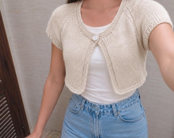 Knitting Cropped Cardigan Pattern PDF | Raglan Cardigan Knit Pattern | Short Sleeve Bolero Sweater | Women's Summer Layering Knitwear