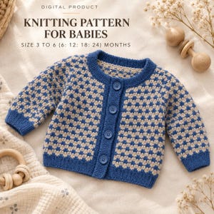 May include: A digital product knitting pattern for babies in sizes 3 to 6, 6, 12, 18, and 24 months. The image displays a blue and beige checkered knit cardigan with long sleeves, a round neckline, and four matching blue buttons down the front center.