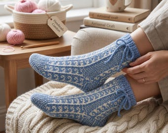 Knee High Socks Knitting Pattern PDF | Fair Isle Sock Pattern | Women Knit Socks | Colorwork Knee Socks | Tall Boot Socks