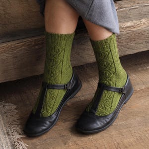 Leaf Lace Socks Knitting Pattern | Toe Up Sock Pattern PDF | Twisted Cable Socks | Garter Stitch Heel | Intermediate Knit Pattern PDF