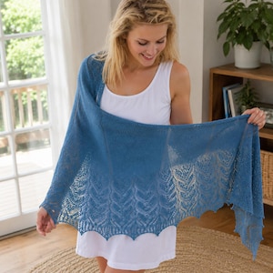 May include: A blue triangular shawl featuring a delicate, intricate lace knit pattern with a scalloped edge. The shawl is draped across the front, showcasing the openwork design and the soft, textured yarn construction of the knitted fabric.
