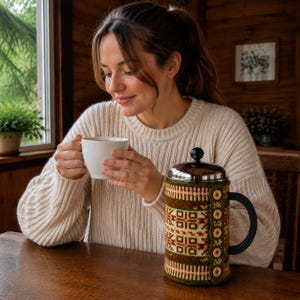 May include: A French press coffee maker featuring a removable knitted cozy with a geometric pattern in shades of green, cream, and brown, secured with a vertical row of light-colored wooden buttons, a black handle, and a stainless steel lid.