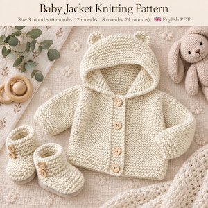 Può includere: Una giacca per neonati in maglia color crema con cappuccio, orecchie da orso e quattro bottoni in legno, accompagnata da scarpine coordinate. Il testo recita Baby Jacket Knitting Pattern, Size 3 months (6 months: 12 months: 18 months: 24 months), English PDF.
