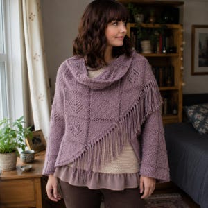Fringed Shawl Knitting Pattern | Lace Motif Wrap Knitting Pattern | Women's Triangle Knit Shawl | Geometric Patchwork Wrap Pattern PDF