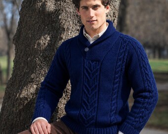 Herren Zopfmuster Cardigan Strickmuster PDF | Schalkragen Strickjacke Muster | Aran Style Pullover Strickmuster Grössen S-XL