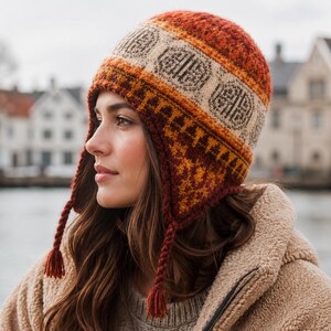 May include: A knit earflap hat featuring a warm color palette of deep red, burnt orange, and cream. The design includes a horizontal band with intricate geometric patterns and braided tassels hanging from each side, crafted from soft yarn.