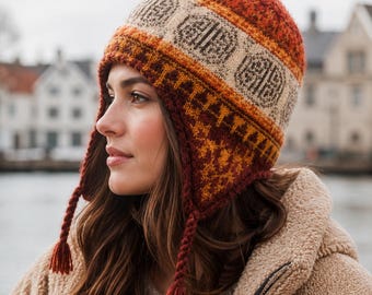 Earflap Mütze Strickmuster PDF | Fair Isle Hutmuster | Nordische Winter Mütze Strickmuster | Colorwork Beanie und Ohrenklappen Mütze