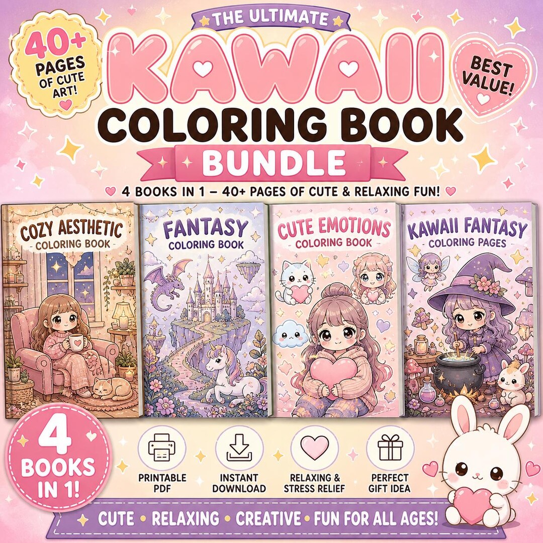 Kawaii Coloring Book Bundle | 40+ Cute Chibi Pages | Fantasy, Cozy ...