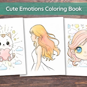 May include: Three coloring book pages with cute illustrations. One features a cat holding a heart, another a woman's profile, and the last a girl's face. The text "Cute Emotions Coloring Book" is at the top.