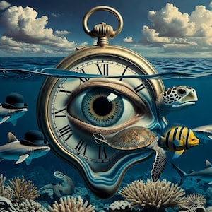 Könnte beinhalten: Surreale digitale Kunst mit einer schmelzenden Taschenuhr mit einem Auge, Haien mit Bowlerhüten, Schildkröten und Fischen in einer Unterwasserszene. Der Himmel ist blau mit weißen Wolken. Korallen und Meereslebewesen sind sichtbar.