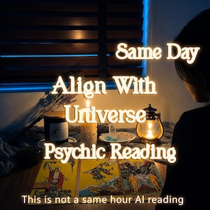 Könnte beinhalten: Drei Tarotkarten liegen auf einem Tisch, darunter Der Magier, Der Narr und Die Liebenden. Eine brennende Kerze, eine kleine Laterne und ein Glas stehen daneben. Der Text lautet: Same Day, Align With Universe, Psychic Reading, This is not a same hour AI reading.