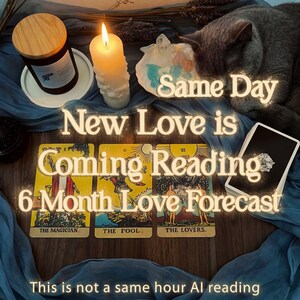 May include: A candle burns beside tarot cards with the text "Coming Reading" and "6 Month Love Forecast." The image includes a cat, a candle, a jar, and the text "Same Day New Love is." The text "This is not a same hour AI reading" is also present.