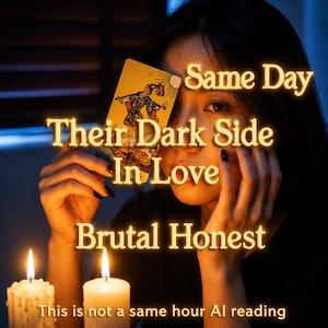 Peut inclure: Une carte de tarot illustrant Le Mat tenue près d'un visage, éclairée par deux bougies blanches. Le texte indique : Same Day, Their Dark Side In Love, Brutal Honest, This is not a same hour AI reading. La scène est faiblement éclairée.