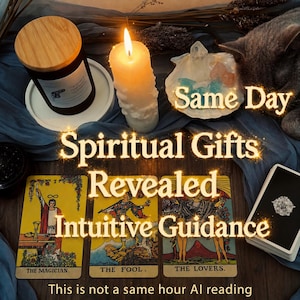 May include: A lit candle, tarot cards, and a jar candle are arranged on a blue cloth. The text "Spiritual Gifts Revealed Intuitive Guidance" is displayed. The tarot cards show "The Magician", "The Fool", and "The Lovers".