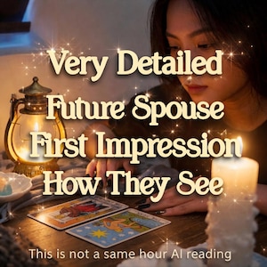 Op de afbeelding: Een afbeelding met de tekst "Very Detailed Future Spouse First Impression How They See". Twee tarotkaarten liggen op een houten tafel, verlicht door een kaars en een lantaarn. De tekst onderaan luidt "This is not a same hour AI reading."
