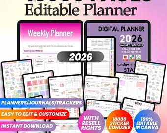 Puede incluir: Planificador digital con más de 15.000 páginas, editable y personalizable. Incluye planificadores semanales y diarios, índice de libros de recetas y rastreadores. Presenta el texto "2026" y "¡Revende como tuyo!" con 18.000 bonos de pegatinas y 100% editable en Canva.