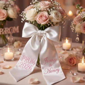 May include: A bouquet of pink and white roses with a large white satin bow. The bow has the text "PROM 2026" and "Jenny & Henry" embroidered in pink. The arrangement is on a table with candles and rose petals.