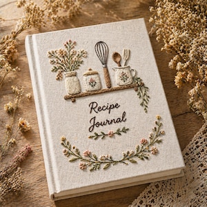 Könnte beinhalten: Ein beiges Rezeptbuch mit gestickten Blumen- und Küchenutensilien-Designs. Das Cover zeigt ein Regal mit Schneebesen, Löffel und Gabel, sowie Gläsern und den Worten "Recipe Journal". Ein Blumengirlande schmückt den unteren Bereich.