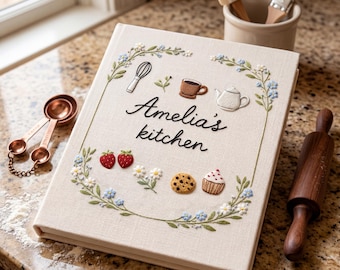 Personalized Hand Embroidered Recipe Book Custom Name Cookbook Journal Floral Kitchen Notebook Gift for Baker Home Chef Rustic Keepsake