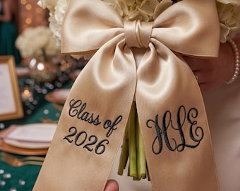 Embroidered Prom Couple Bouquet Sash, Graduation Name Ribbon Bouquet Sash, Personalized Monogram Ribbon, Gift for Her, Linen/ Satin Sash