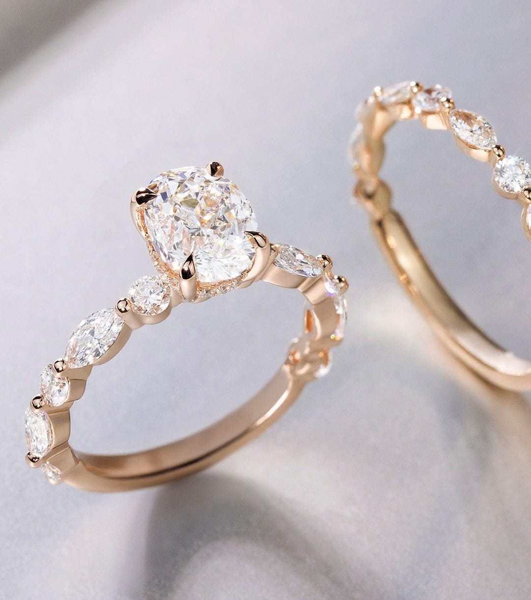Oval Cut Moissanite Engagement Ring Set, Marquise Band, 14K Gold Bridal ...